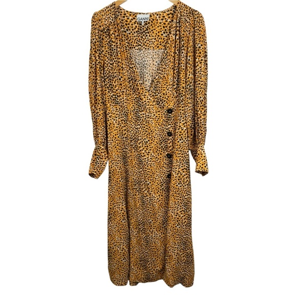 Ganni Wrap-effect Yellow Leopard Print Crepe Buttoned Midi Dress Long Sleeve 42 - Picture 8 of 16